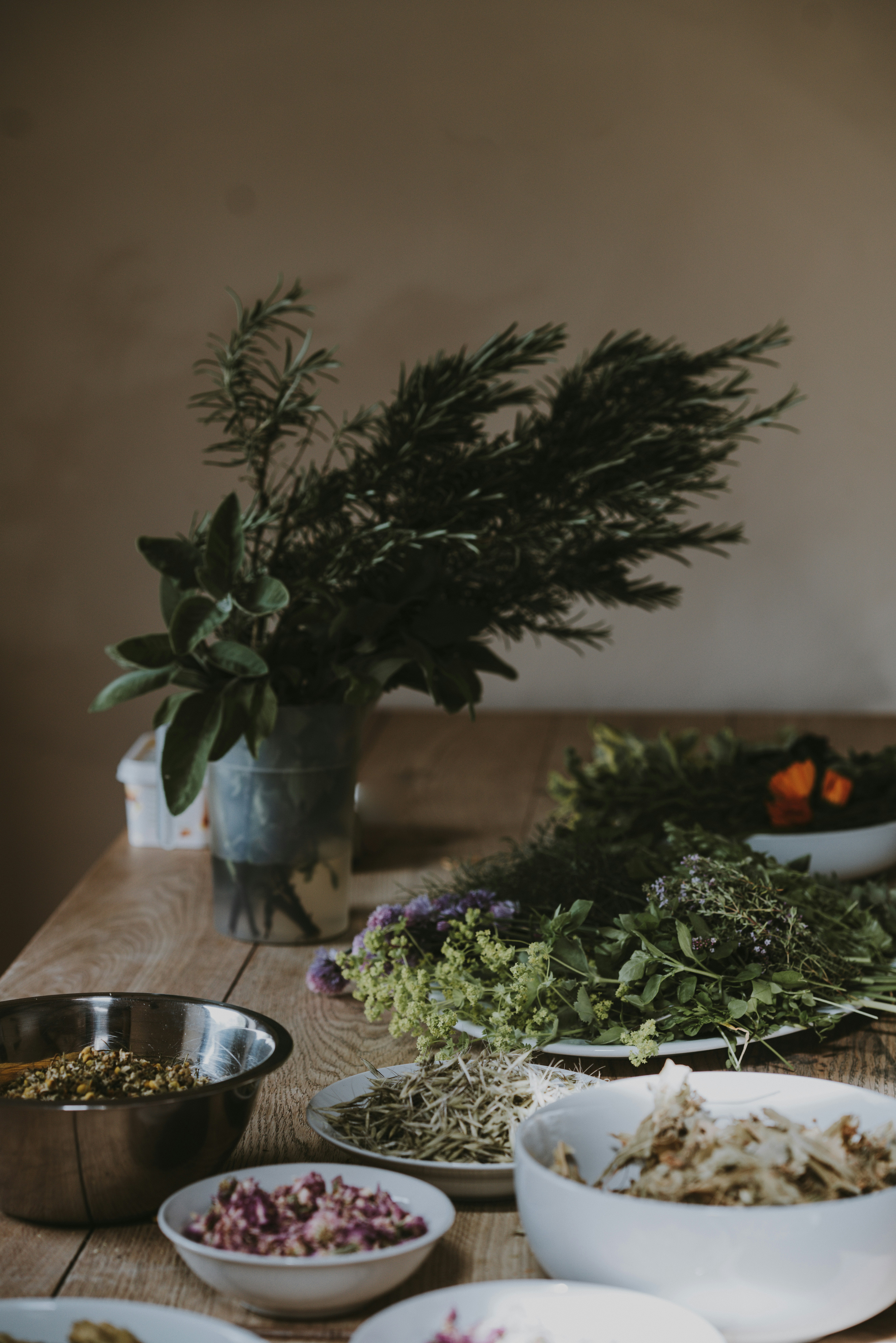 A wooden workshop table covered with fresh herbs, rosemary, bowls of dried flowers, and botanical preparations