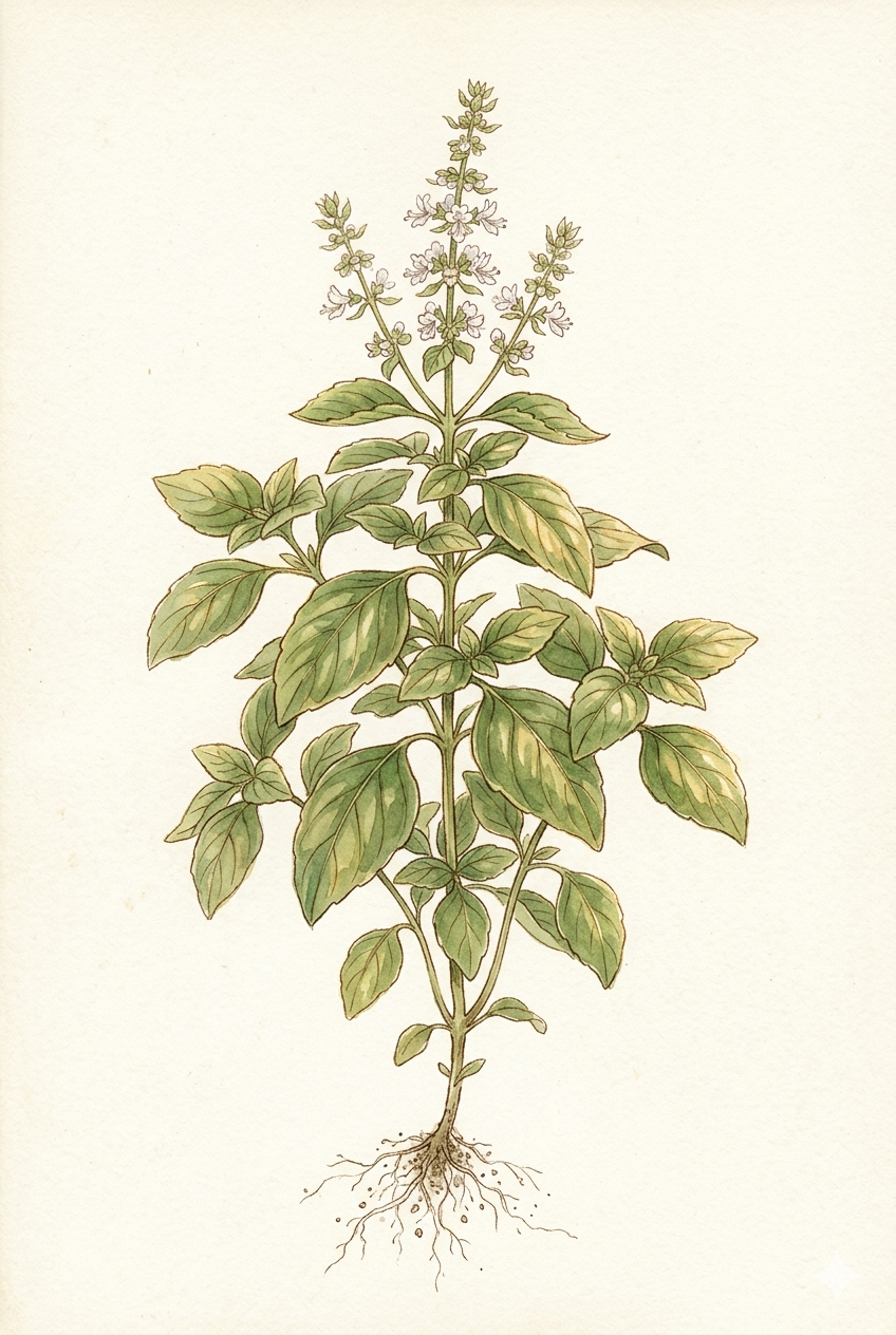 Watercolor botanical illustration of a basil plant